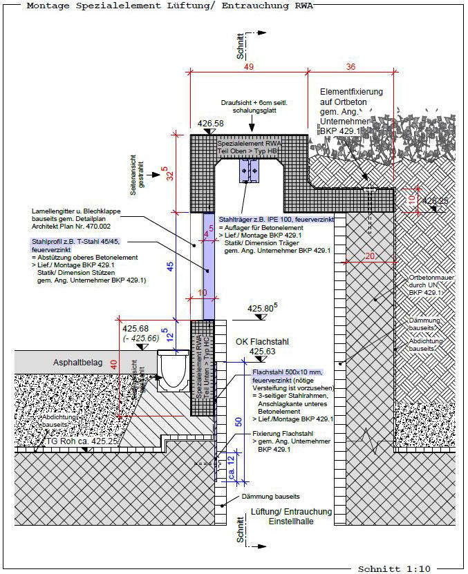 Detailplan zur Koordination der Arbeiten Baumeister, Elementbau, Metallbau, Abdichtungen und Tiefbau